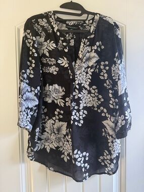 Cynthia Rowley Black Floral V-Neck Sheer Blouse